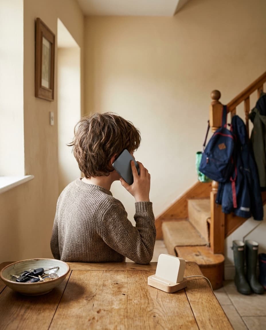 A child standing at the hall table, mid-call on the family HomeFón, beside the bowl of keys and an empty concept stand
