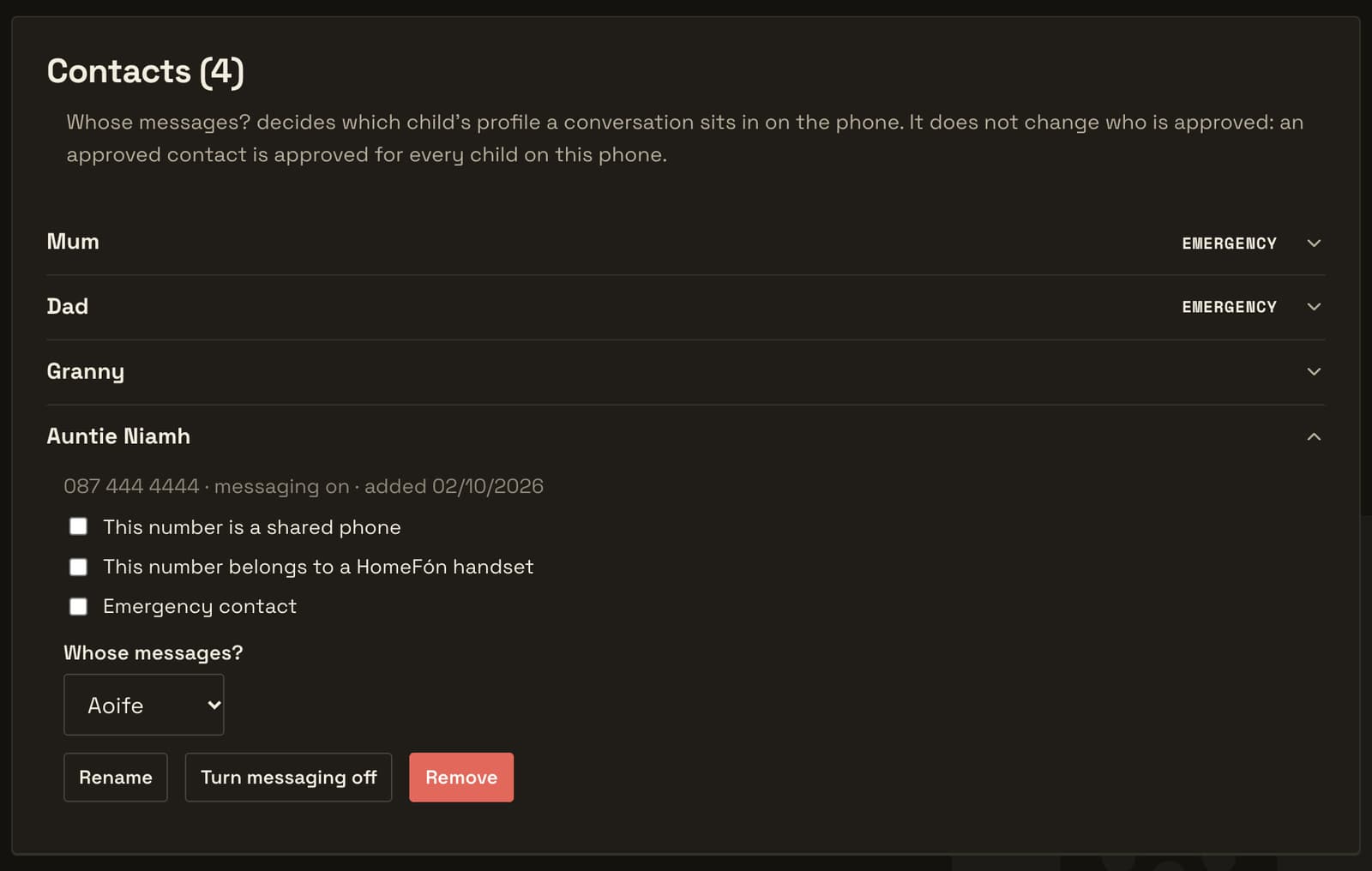 The actual parent dashboard, Contacts page: approved contacts Mum and Dad (both marked Emergency), Granny and Auntie Niamh, with Auntie Niamh opened to show messaging on and Whose messages? set to Aoife