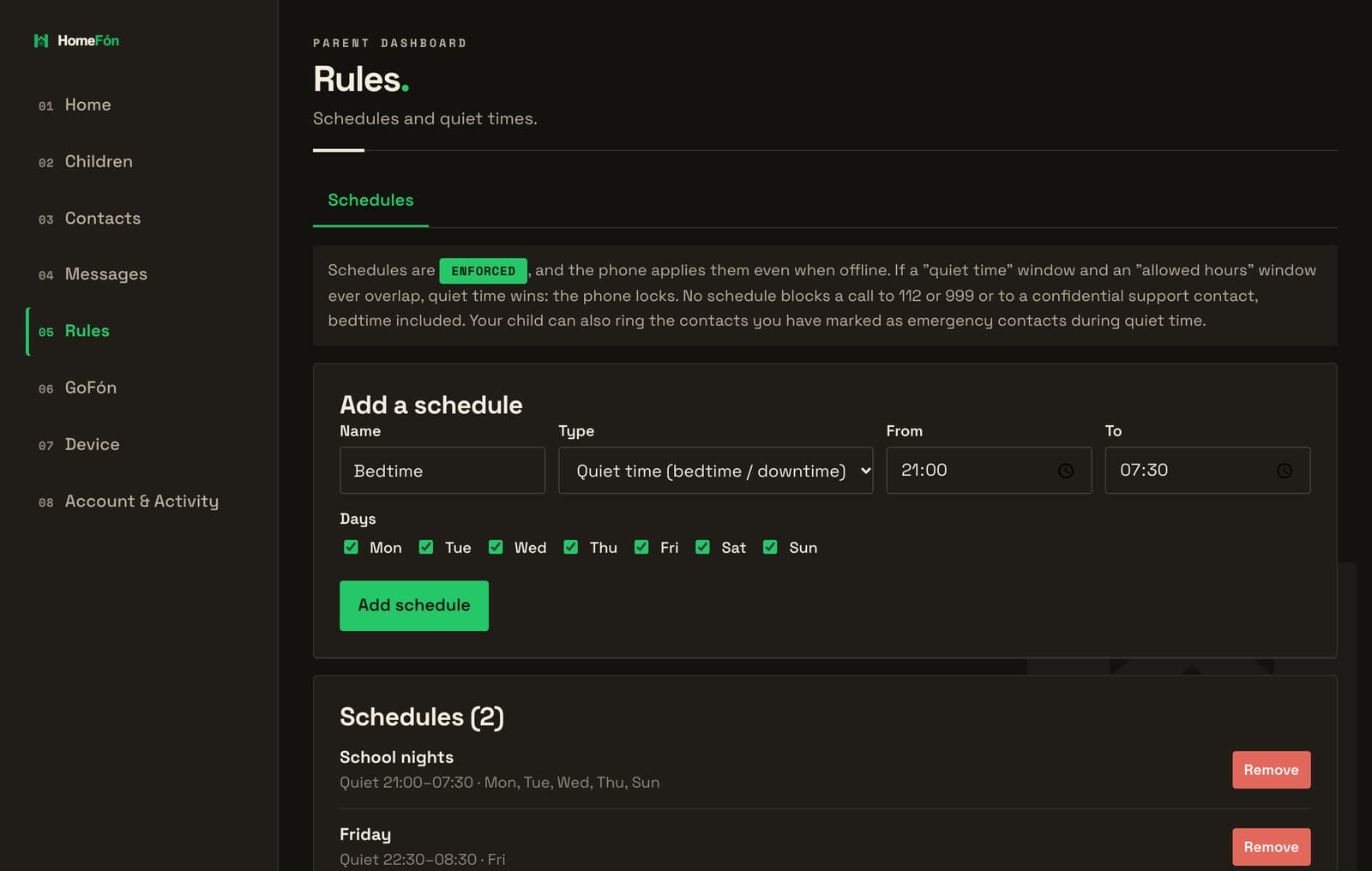 The actual parent dashboard, Rules page: two quiet-time schedules, School nights from 21:00 to 07:30 Sunday to Thursday and Friday from 22:30 to 08:30, marked Enforced