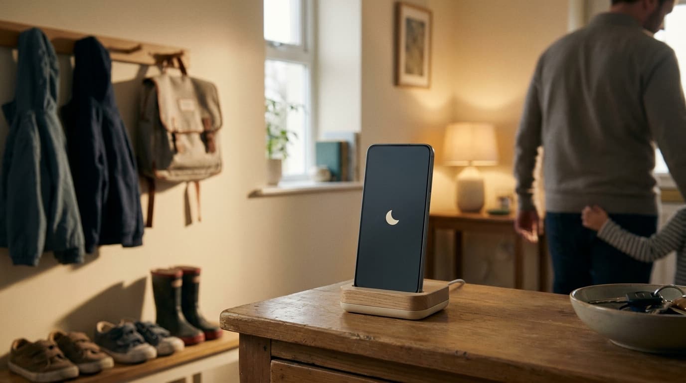 The HomeFón on the hall table at dusk, resting in a concept stand, screen dimmed to a small moon icon during quiet hours