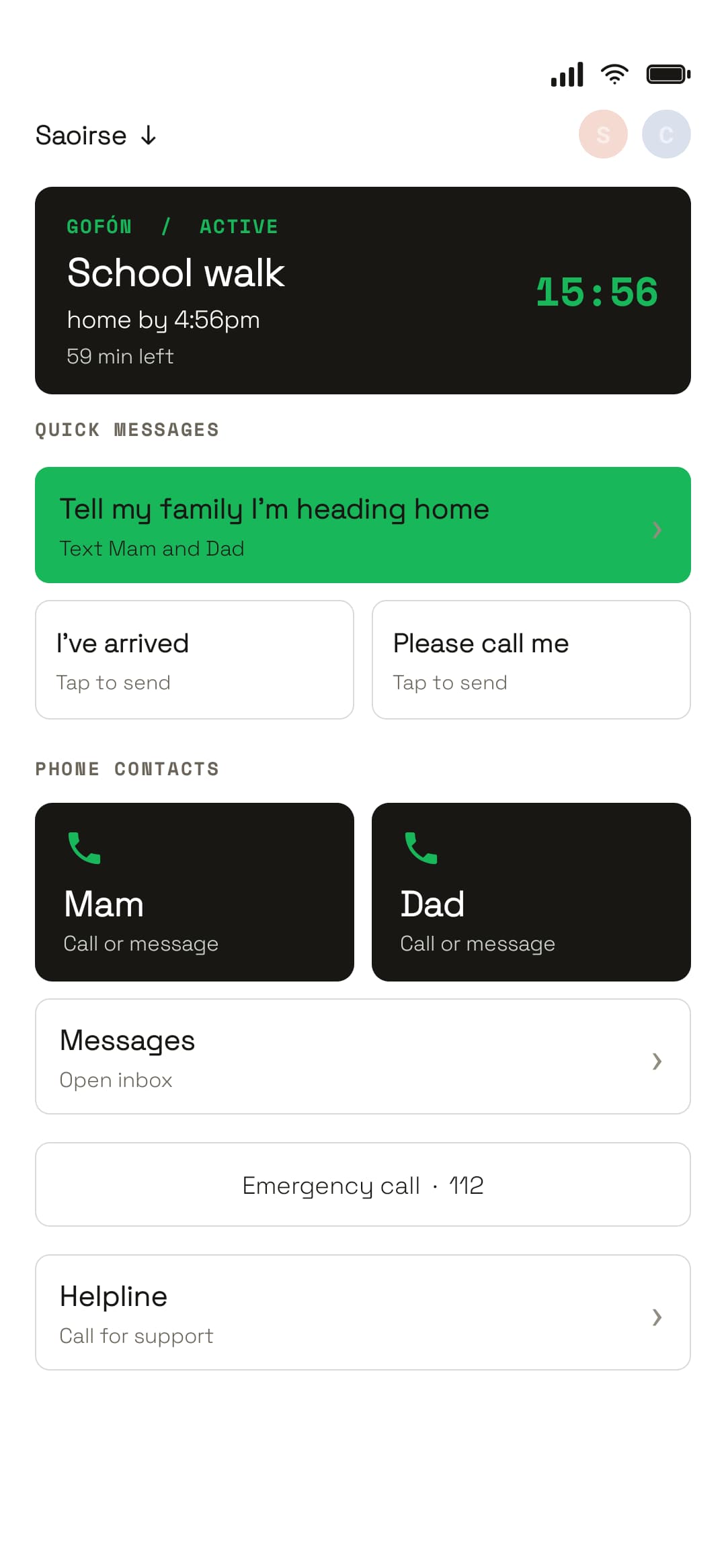 The HomeFón on a GoFón trip: the School walk trip card with its home-by time, quick messages to send home, and Mam and Dad to call or message