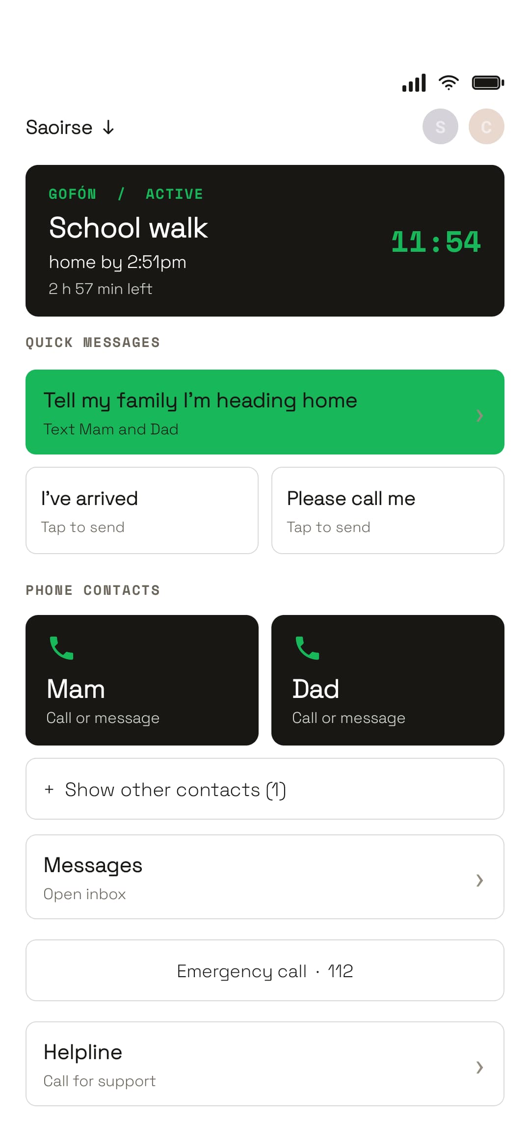 The HomeFón on a GoFón trip: a School walk trip under way, quick messages to send home, Mam and Dad to call or message, Messages and an emergency call button