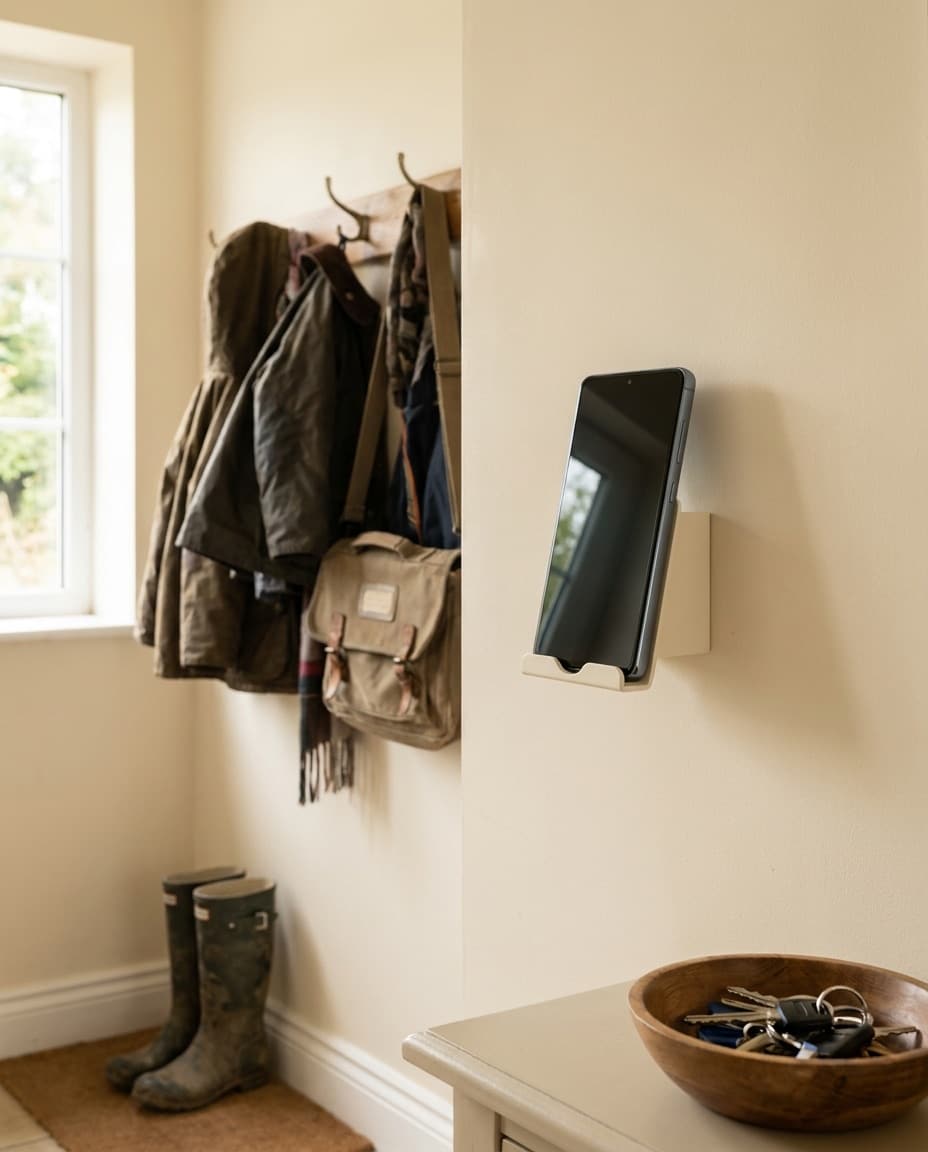 A HomeFón asleep in a hallway, screen dark, resting in a concept wall bracket beside the coat hooks