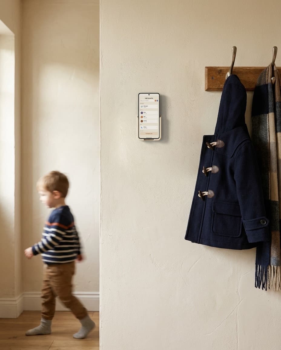 A HomeFón in a wall mount in a hallway, beside a coat on a hook, as a child walks past